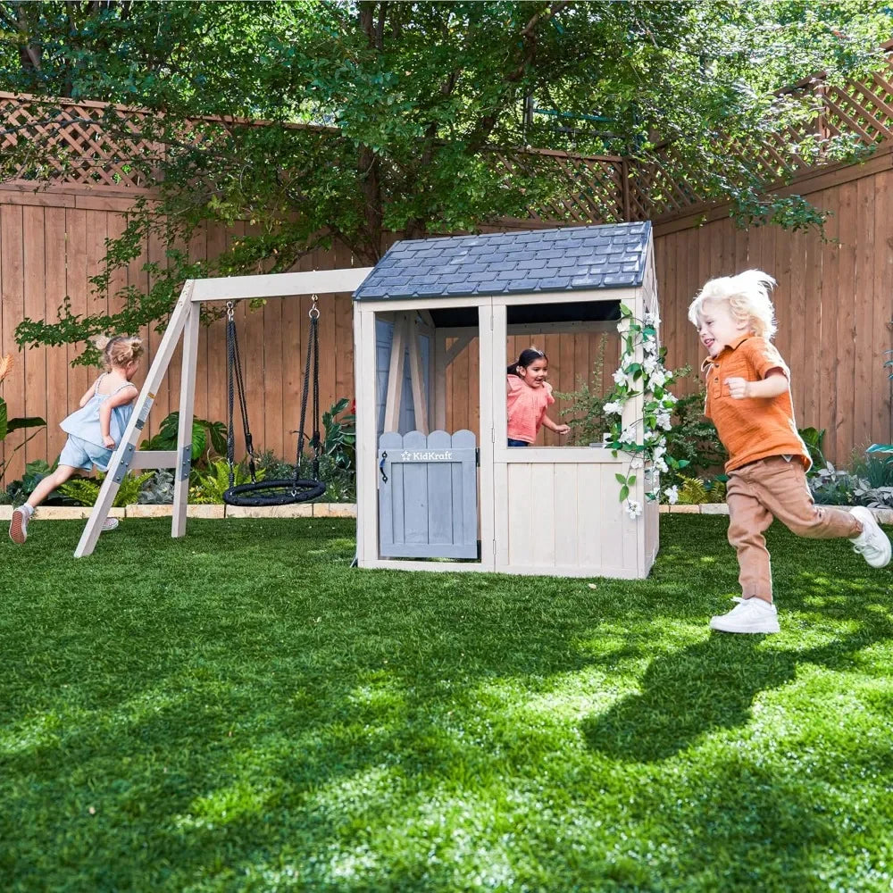 Outdoor Playhouse  with Swing, Kitchen, Garden, Backyard