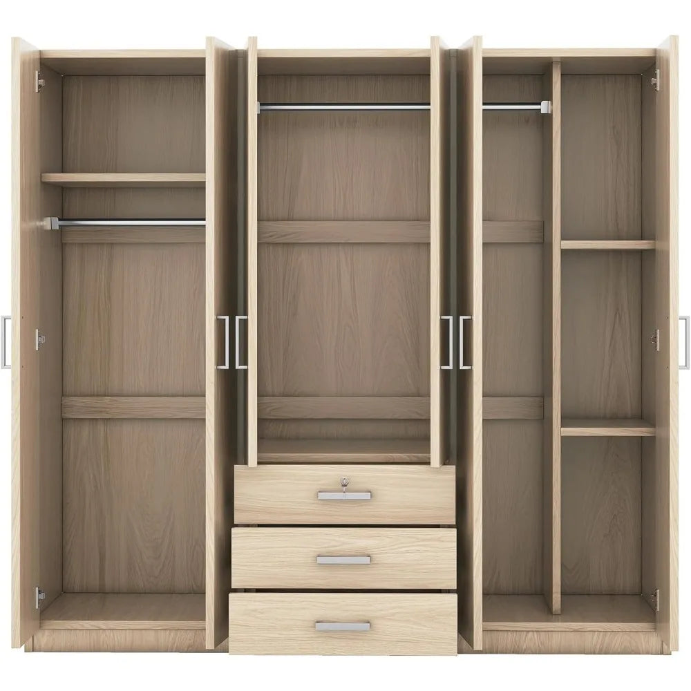 Large Wardrobe Closet 6 Doors, 70.9" W Wooden Wardrobe Cabinet with Big Drawers, Bedroom Armoire Dresser Wardrobe Clothes