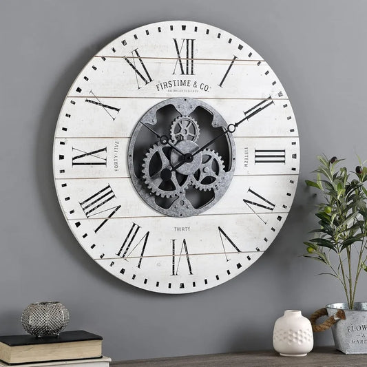 White Shiplap Gears Wall Clock