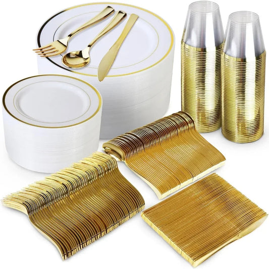 600 Piece Gold Disposable Dinnerware Sets