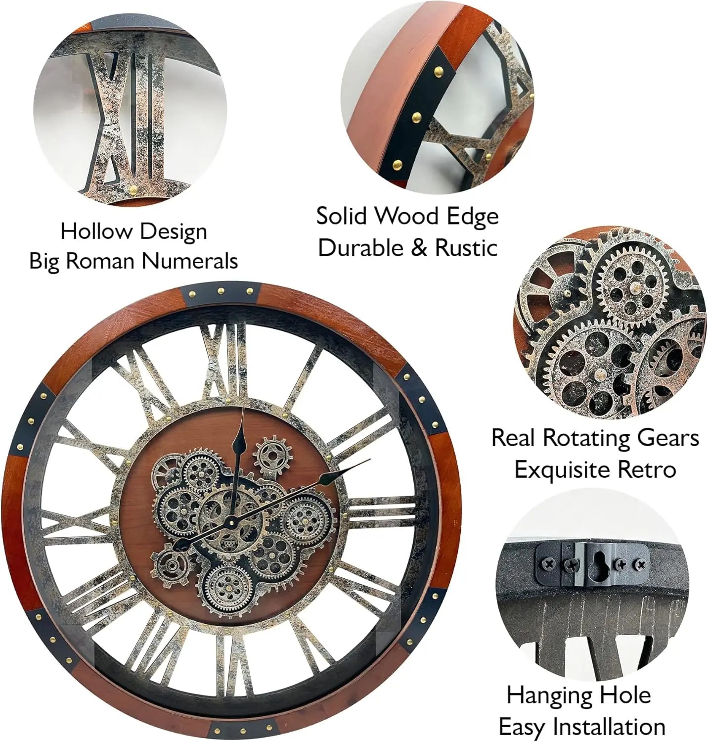 Large Industrial Wall Clock with Moving Gears