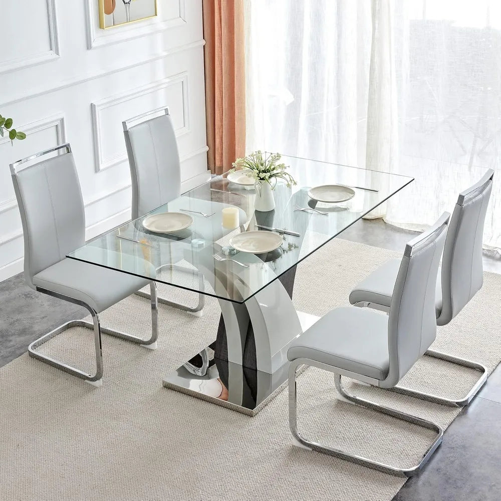 Glass dining table 63" kitchen dining table with 4 leather chairs, tempered glass countertops, living room dining furniture