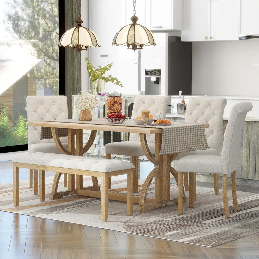 6 Pieces Wood Dining Table Set with Bench