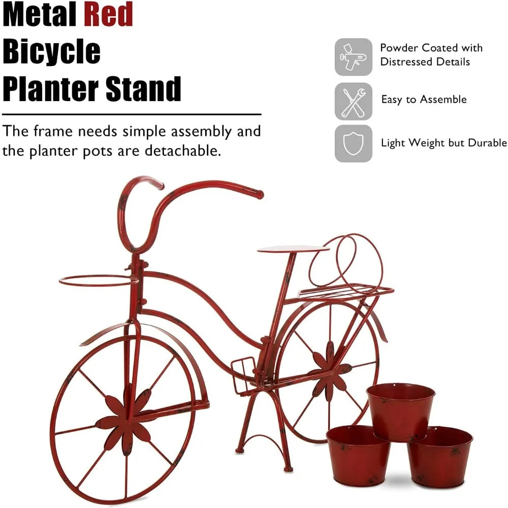 Bicycle Plant Stand Metal Standing Planter Hand Painted Flower Holder Indoor Outdoor Home Garden Patio Decor Red