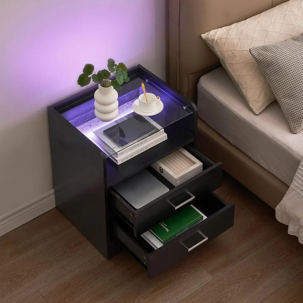 Black Nightstands Set of 2 LED Lights