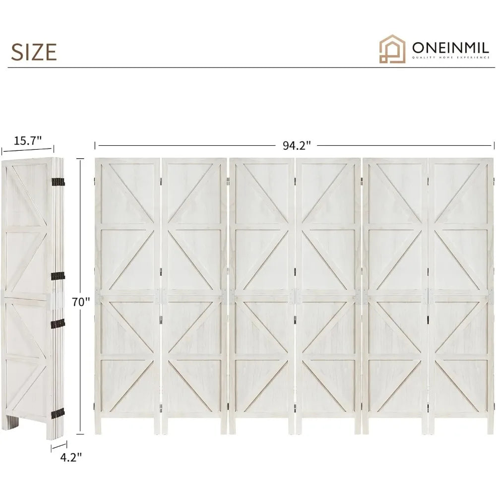 Room Divider, 6 Panel Tall Folding Privacy Screens, White, Wood Freestanding Partition Wall Dividers, Temporary Wall