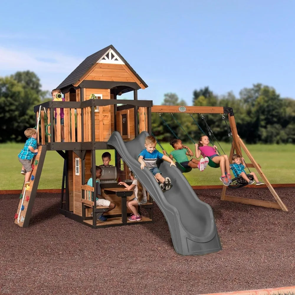 Cedar Wood Swing Set W/Grey Wave Slide