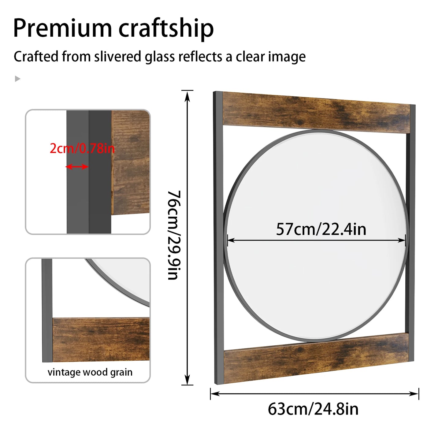 Industrial Metal Wood Frame Wall Mounted Mirror