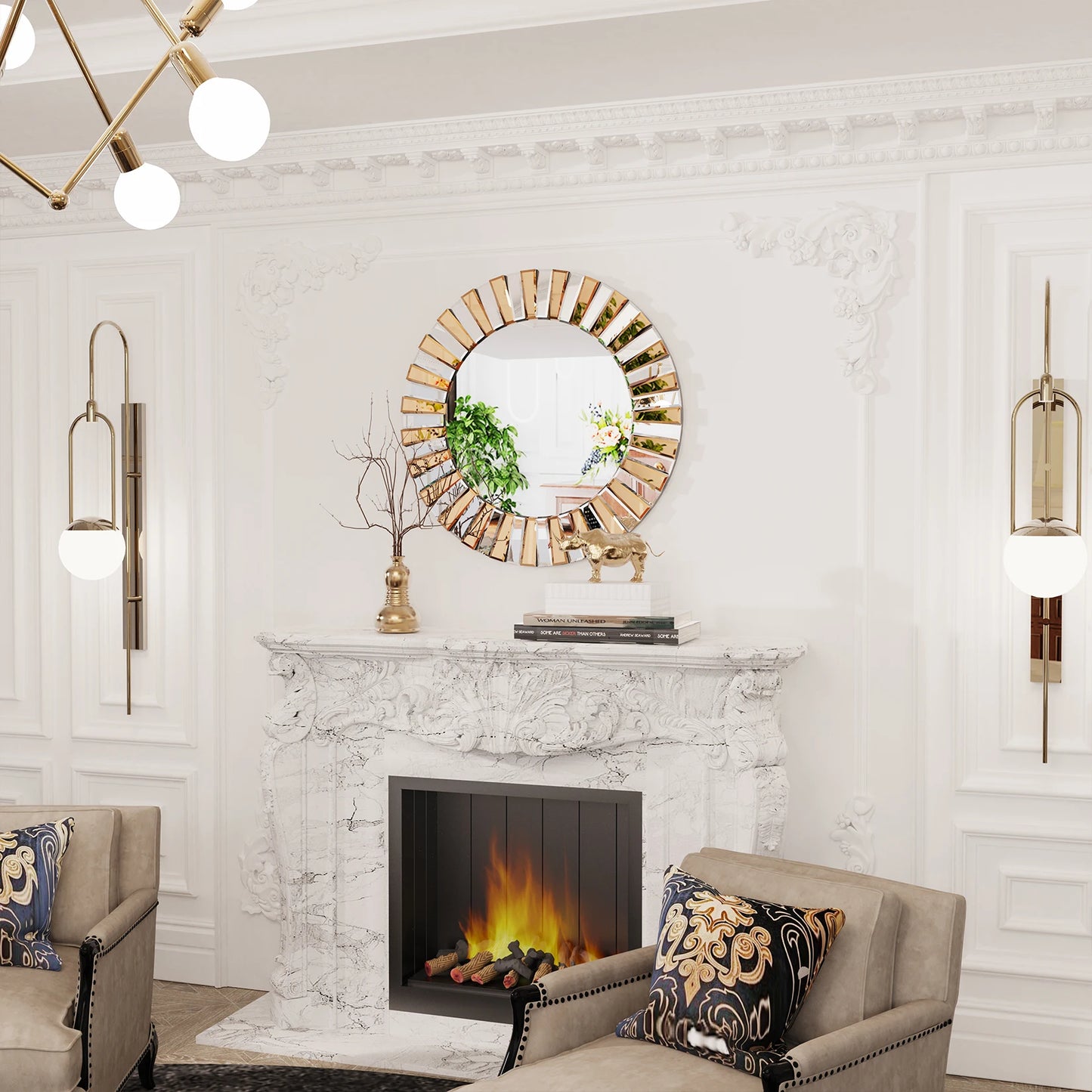 Decorative Round Sunburst Wall Mirror Beveled Edge